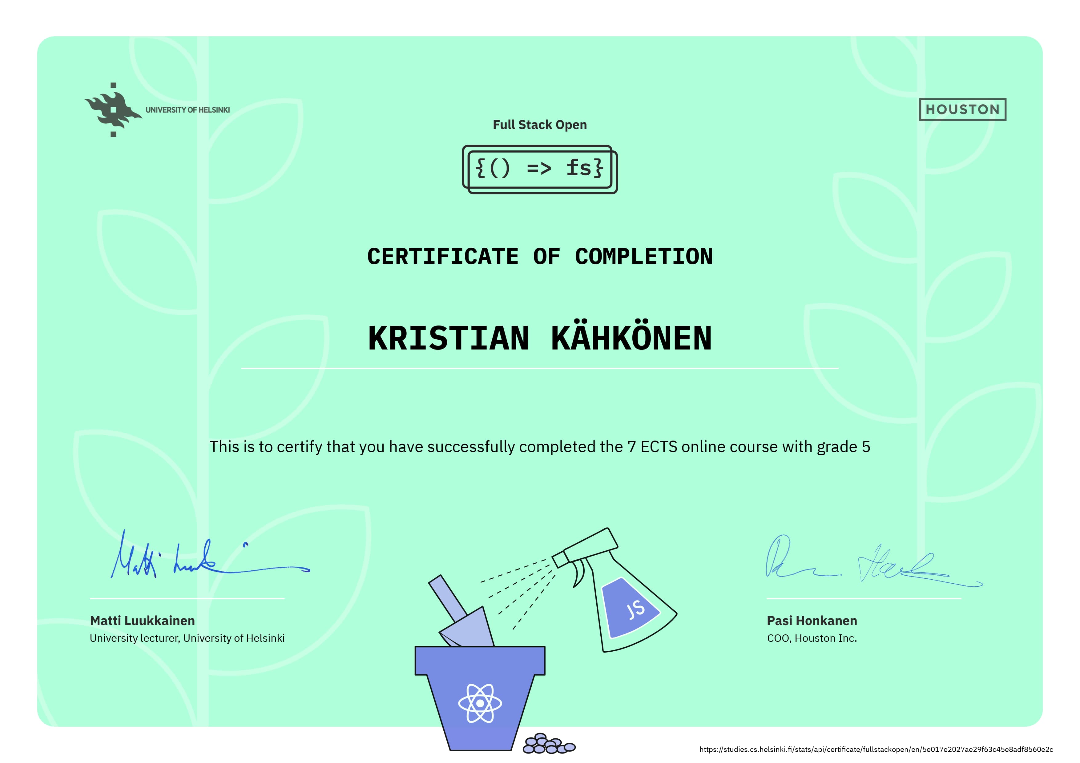 Certification of Full Stack Open